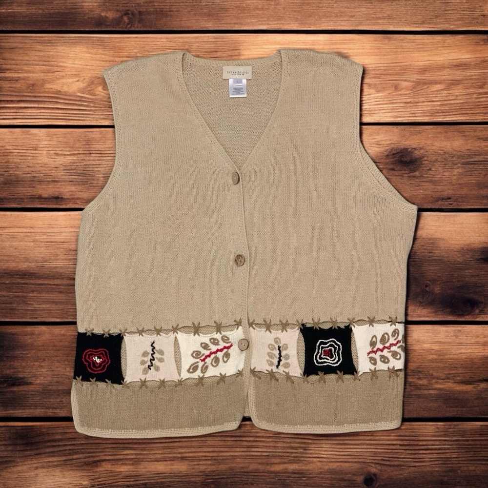 Vintage Cottage Core Large Susan Bristol 1998 Sweater Vest ~ Hand Embroidered